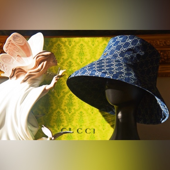 Gucci GG Monogram Bucket Hat Wide Large Brim Thick Denim Navy Allover Jacquard - Picture 10 of 15